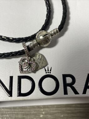 Pandora Moments Black Braided Double Leather Bracelet 925 Silver Box Mom Charms
